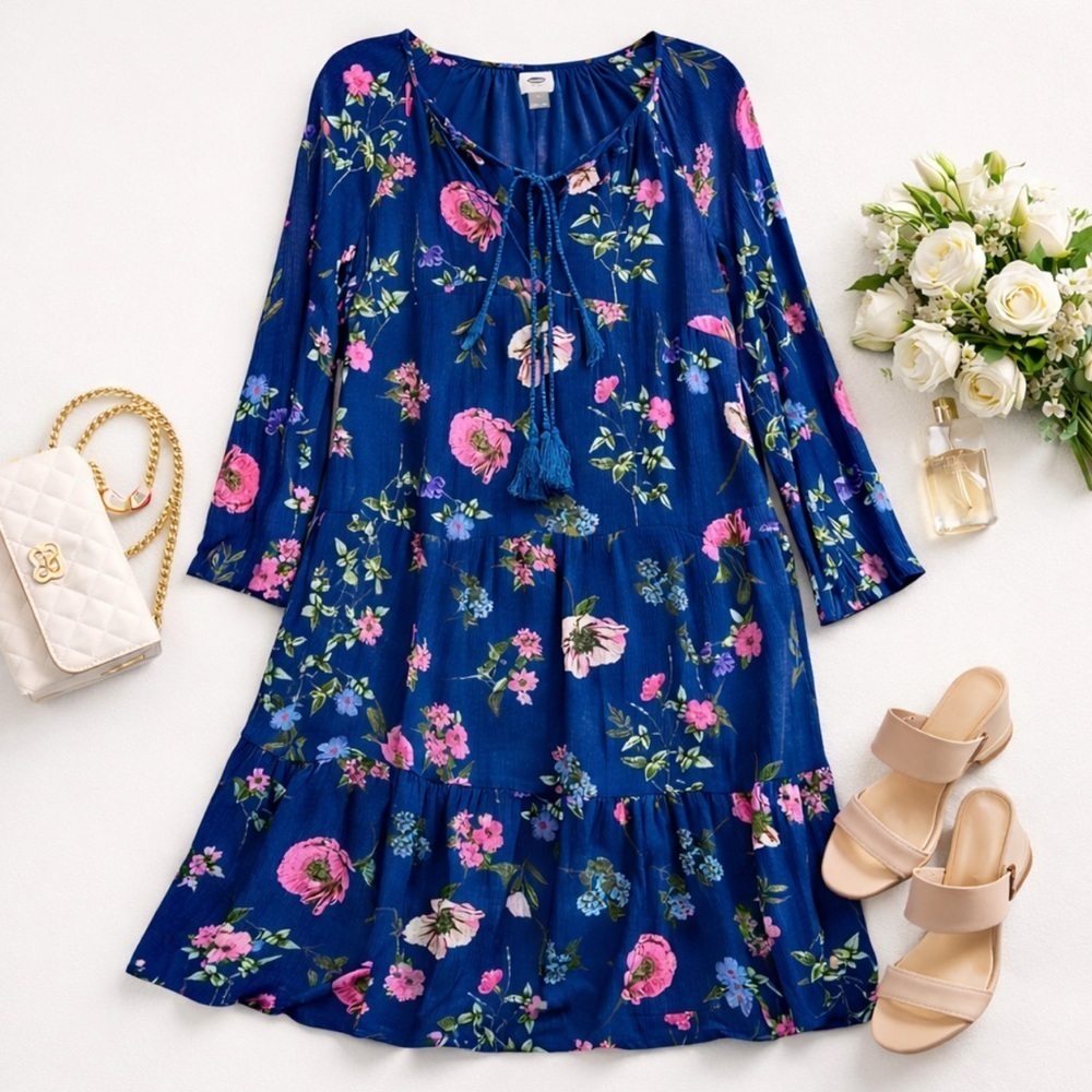 Old Navy Blue Floral Midi Long Sleeve Tassel Lined Shift Dress Beachy Vacation M